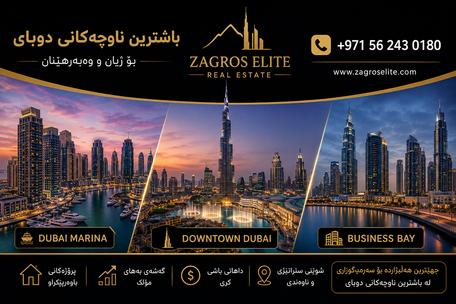 باشترین ناوچەکانی دوبای؛ بەراوردی Dubai Marina، Downtown Dubai و Business Bay | Zagros Elite
