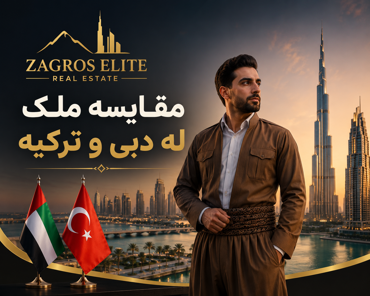 پیاوێکی کورد بە جلی کوردی لە پاشبنەمای دوبه و ئاڵای ئیمارات و تورکیا بۆ بەراوردکردنی کڕینی موڵک لە دوبه و تورکیا